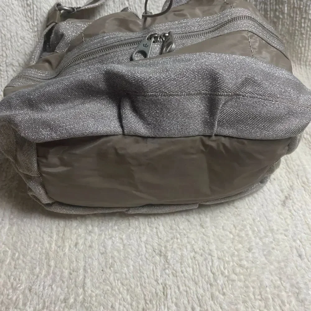 Juicy Couture Nylon taupe & cotton silver shimmery hobo bag leather strap